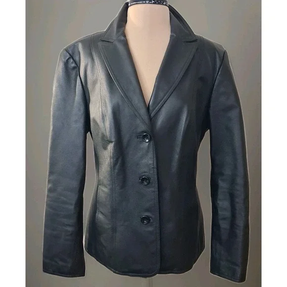 East 5th Womens Sz Large Black Genuine Leather Jacket 90s Classic Button Front - Picture 7 of 12